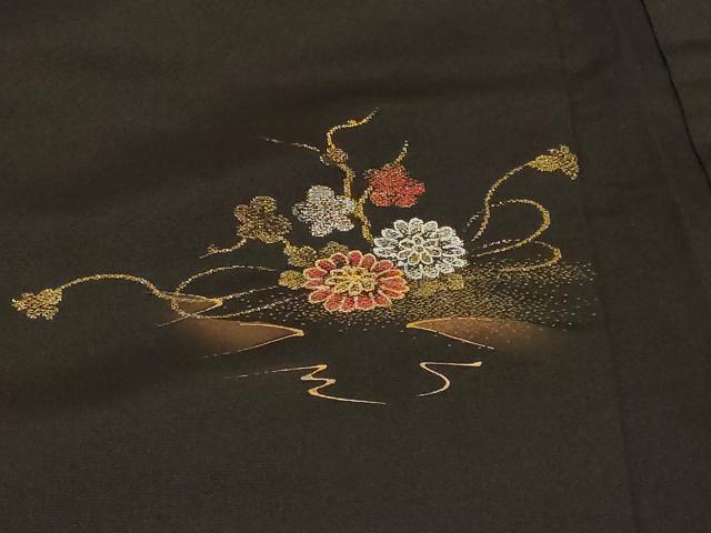 平和屋着物＃羽織　寿光織　御所車花文　黒地　金糸　正絹　逸品　CABG8367in