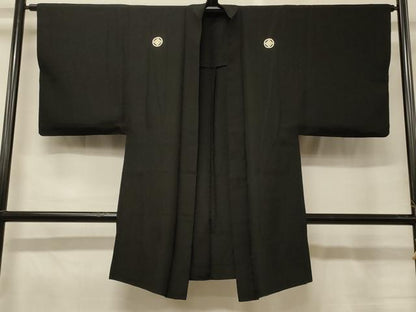 平和屋着物＃男性　長羽織　黒紋付き　単衣　正絹　逸品　CABG8372in