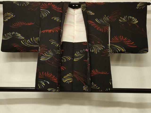 平和屋着物＃羽織　地紋起こし　菊　黒地　正絹　逸品　CABG8373in
