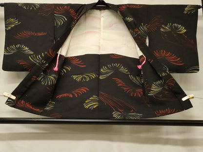 平和屋着物＃羽織　地紋起こし　菊　黒地　正絹　逸品　CABG8373in