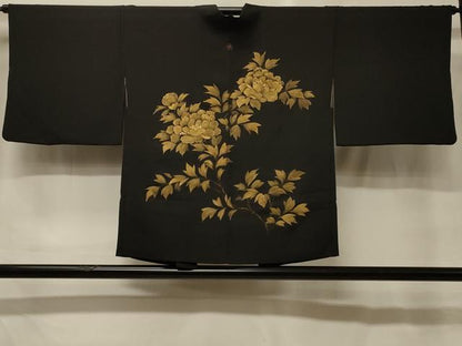 平和屋着物＃羽織　牡丹　黒地　金彩　正絹　逸品　CABG8375in