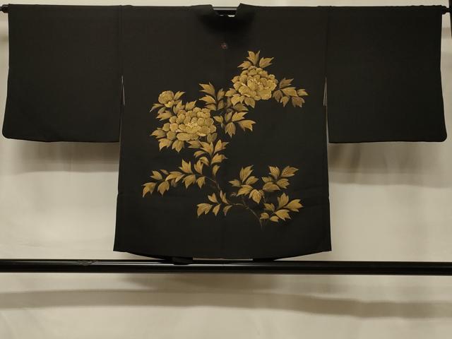 平和屋着物＃羽織　牡丹　黒地　金彩　正絹　逸品　CABG8375in