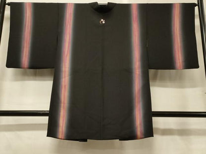 平和屋着物＃長羽織　間道　暈し染め　黒地　正絹　逸品　CABG8380in