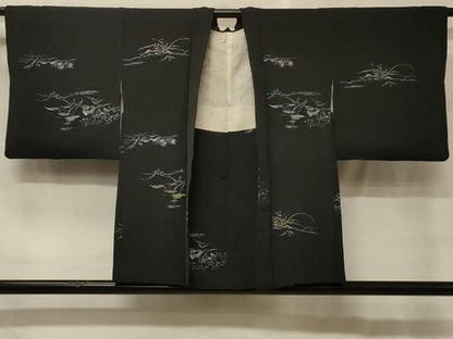 平和屋着物＃羽織　寿光織　枝葉文　黒地　金銀糸　正絹　逸品　CABG8392in
