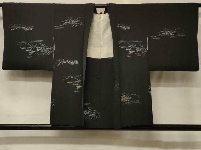 平和屋着物＃羽織　寿光織　枝葉文　黒地　金銀糸　正絹　逸品　CABG8392in