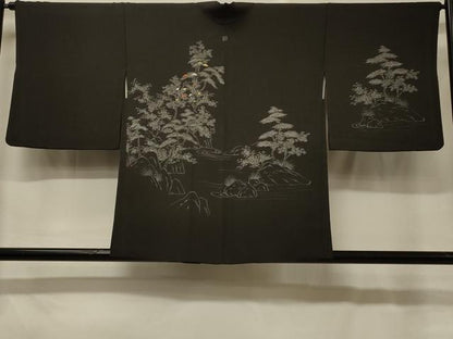 平和屋着物＃羽織　刺繍　風景文　黒地　正絹　逸品　CABG8395in