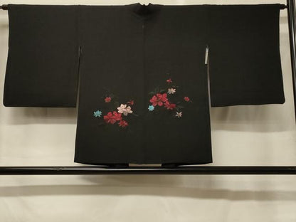 平和屋着物＃羽織　総刺繍　草花文　黒地　正絹　逸品　CABG8396in