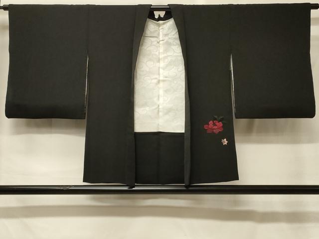 平和屋着物＃羽織　総刺繍　草花文　黒地　正絹　逸品　CABG8396in