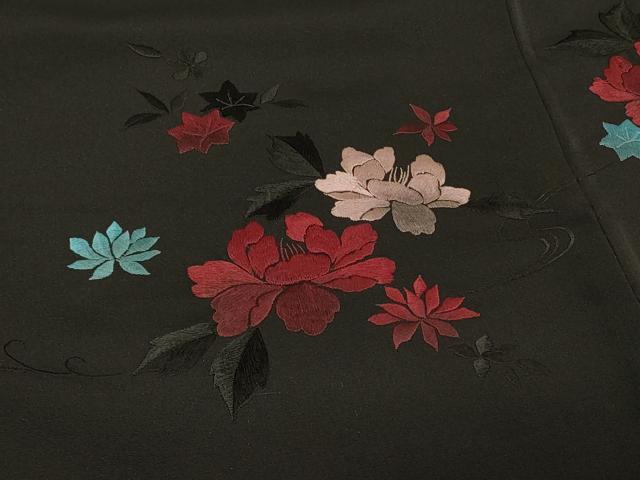 平和屋着物＃羽織　総刺繍　草花文　黒地　正絹　逸品　CABG8396in