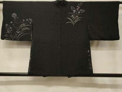 平和屋着物＃羽織　寿光織　草花文　黒地　銀糸　正絹　逸品　CABG8399in