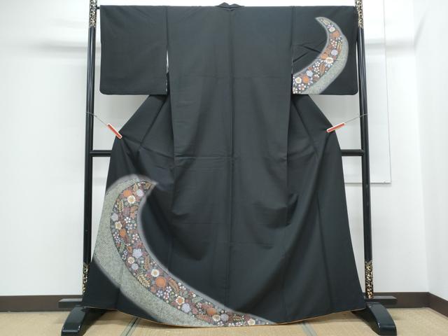 平和屋着物●訪問着　辻が花　黒地　金彩　洗える着物　CABG8405th
