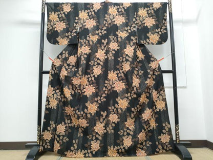 平和屋着物●小紋　草花文　黒地　洗える着物　CABG8406th