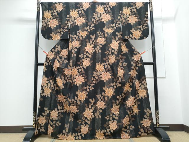 平和屋着物●小紋　草花文　黒地　洗える着物　CABG8406th