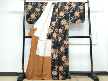 平和屋着物●小紋　草花文　黒地　洗える着物　CABG8406th
