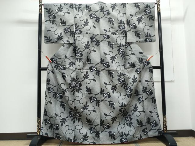 平和屋着物●小紋　花唐草文　黒地　洗える着物　CABG8416th