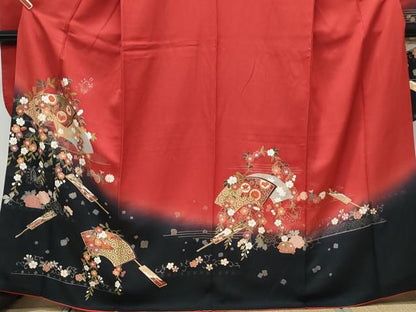 平和屋着物●豪華振袖　扇面花蝶文　暈し染め　金彩　正絹　逸品　CABG8424th