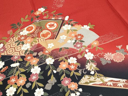平和屋着物●豪華振袖　扇面花蝶文　暈し染め　金彩　正絹　逸品　CABG8424th