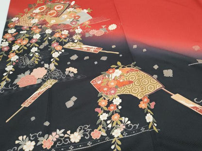 平和屋着物●豪華振袖　扇面花蝶文　暈し染め　金彩　正絹　逸品　CABG8424th