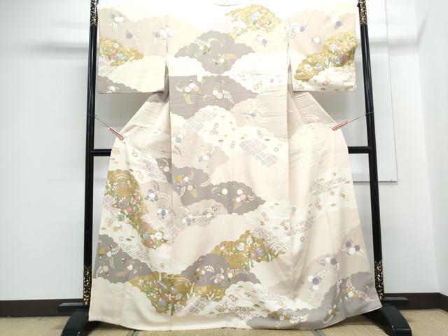 平和屋着物●訪問着　駒刺繍　雲重ね花文　金彩　正絹　逸品　CABG8434th