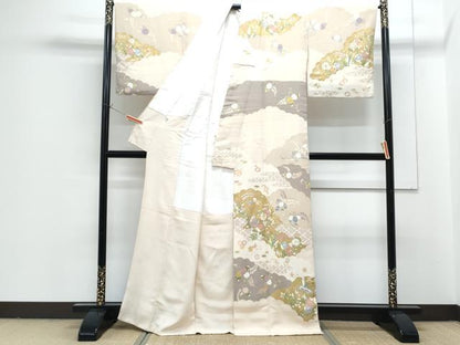 平和屋着物●訪問着　駒刺繍　雲重ね花文　金彩　正絹　逸品　CABG8434th