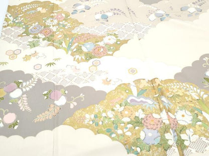 平和屋着物●訪問着　駒刺繍　雲重ね花文　金彩　正絹　逸品　CABG8434th
