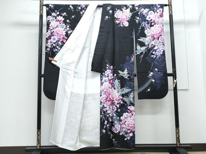 平和屋着物●豪華振袖　花蝶文　暈し染め　黒地　銀通し地　正絹　逸品　CABG8453th