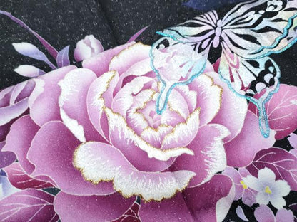 平和屋着物●豪華振袖　花蝶文　暈し染め　黒地　銀通し地　正絹　逸品　CABG8453th