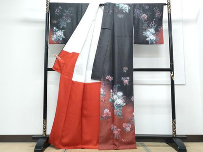 平和屋着物●訪問着　手描き　草花文　暈し染め　銀通し地　正絹　逸品　CABG8455th