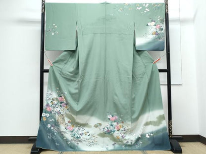 平和屋着物●訪問着　刺繍　御所車扇面花文　暈し染め　金彩　ロング丈　正絹　逸品　CABG8472th