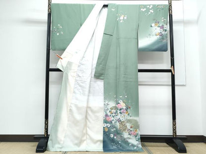 平和屋着物●訪問着　刺繍　御所車扇面花文　暈し染め　金彩　ロング丈　正絹　逸品　CABG8472th