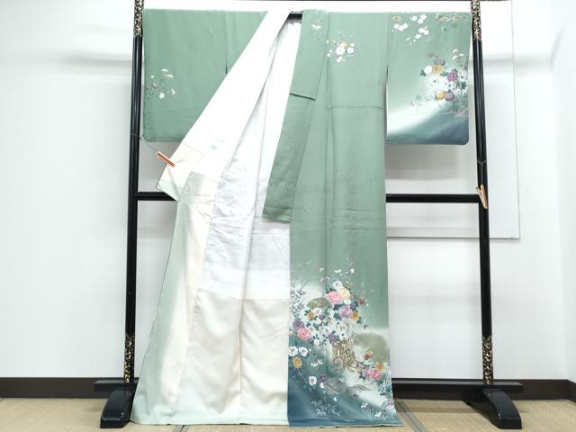 平和屋着物●訪問着　刺繍　御所車扇面花文　暈し染め　金彩　ロング丈　正絹　逸品　CABG8472th
