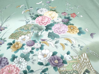 平和屋着物●訪問着　刺繍　御所車扇面花文　暈し染め　金彩　ロング丈　正絹　逸品　CABG8472th