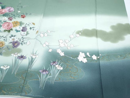 平和屋着物●訪問着　刺繍　御所車扇面花文　暈し染め　金彩　ロング丈　正絹　逸品　CABG8472th