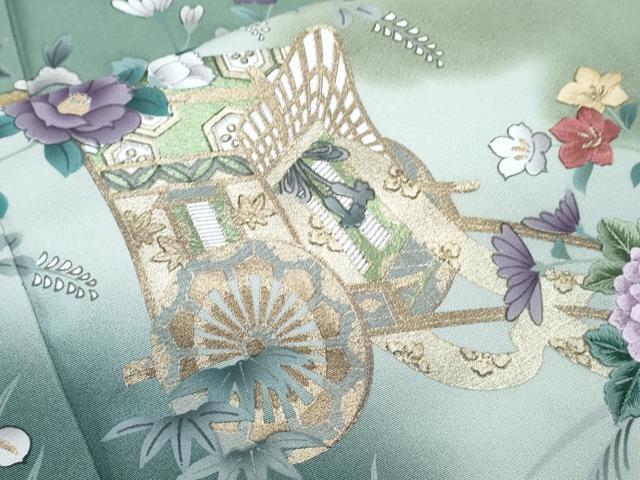 平和屋着物●訪問着　刺繍　御所車扇面花文　暈し染め　金彩　ロング丈　正絹　逸品　CABG8472th