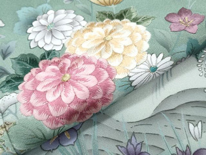 平和屋着物●訪問着　刺繍　御所車扇面花文　暈し染め　金彩　ロング丈　正絹　逸品　CABG8472th