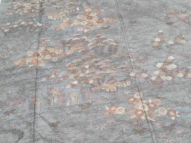 平和屋着物●中国三大刺繍　スワトウ相良刺繍　総刺繍　訪問着　紬地　風景花文　正絹　逸品　CABG8473th