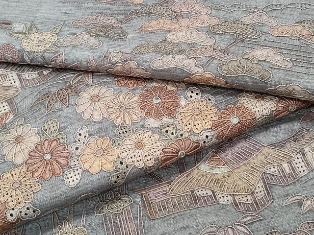 平和屋着物●中国三大刺繍　スワトウ相良刺繍　総刺繍　訪問着　紬地　風景花文　正絹　逸品　CABG8473th