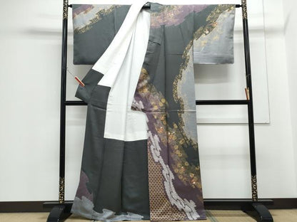 平和屋着物●訪問着　絞り　刺繍　道長花丸文　金彩　正絹　逸品　CABG8475th