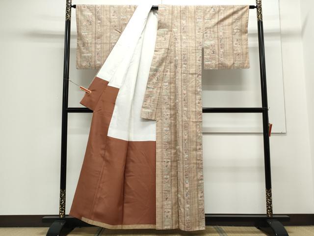平和屋着物●本真綿紬　人物間道　反端付き　正絹　逸品　CABG8488th