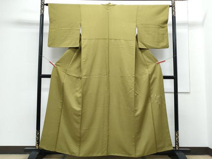 平和屋着物●染色作家　斉藤三才　色無地　鶯色　反端付き　正絹　逸品　CABG8508th