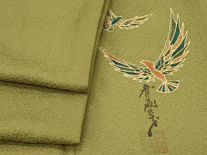 平和屋着物●染色作家　斉藤三才　色無地　鶯色　反端付き　正絹　逸品　CABG8508th