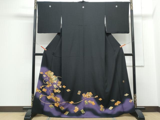 平和屋着物●漆工芸作家　金森一博　黒留袖　百人一首　暈し染め　金彩　正絹　逸品　CABG8513th