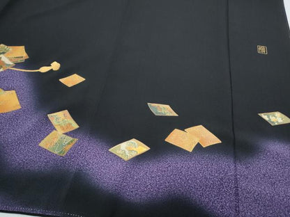 平和屋着物●漆工芸作家　金森一博　黒留袖　百人一首　暈し染め　金彩　正絹　逸品　CABG8513th