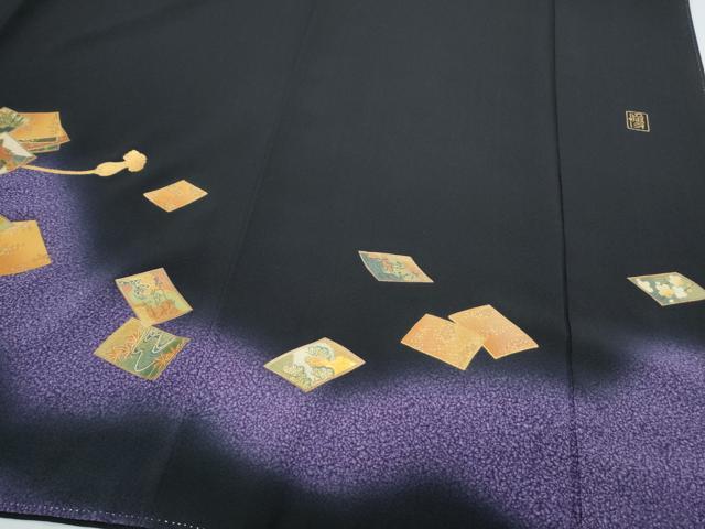 平和屋着物●漆工芸作家　金森一博　黒留袖　百人一首　暈し染め　金彩　正絹　逸品　CABG8513th