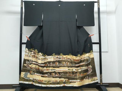 平和屋着物●松尾光琳　黒留袖　駒刺繍　公家行列図　金彩　正絹　逸品　CABG8532