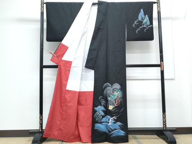 平和屋着物●訪問着　手描き　龍　立波文　黒地　金彩　洗える着物　CABG8534th