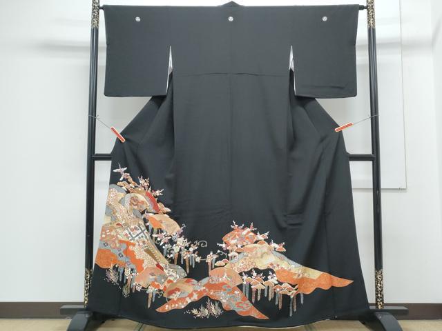 平和屋着物■豪華黒留袖 駒刺繍 地紙飛鶴風景文 金彩 三越扱い 正絹 逸品 CABG8542th