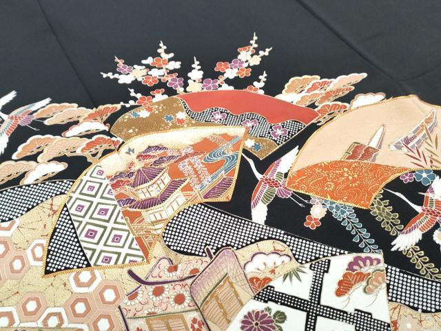 平和屋着物■豪華黒留袖 駒刺繍 地紙飛鶴風景文 金彩 三越扱い 正絹 逸品 CABG8542th