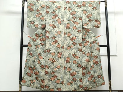 平和屋着物■上質な小紋　型染め　草花文　鬼しぼ縮緬　正絹　逸品　CABG8548th