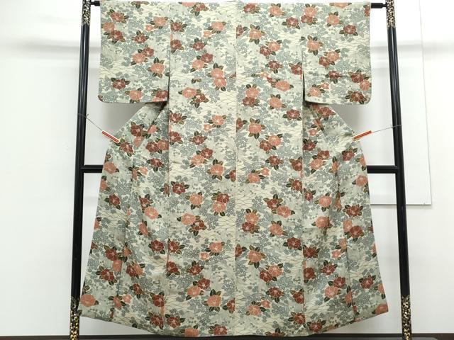 平和屋着物■上質な小紋　型染め　草花文　鬼しぼ縮緬　正絹　逸品　CABG8548th